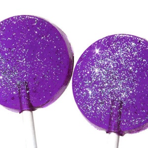 Purple and Silver  Lollipops - Flat Round Hard Candy with Edible Glitter  - 6 Lollipop Pack - Cake Decorations, Wedding Favors, Party Favors