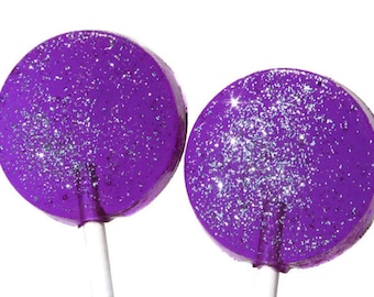 Purple and Silver  Lollipops - Flat Round Hard Candy with Edible Glitter  - 6 Lollipop Pack - Cake Decorations, Wedding Favors, Party Favors