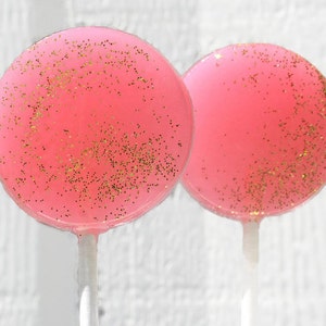 Coral and Gold Wedding Favor Lollipops - Flat Round  with Edible Glitter  6 Lollipop Pack - Wedding Favors, Party Favors, Black Tie Event