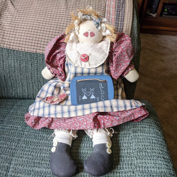 primitive doll hand made by me..16" tall..dress, pinafore, pantaloons straw hair,  friends A B C