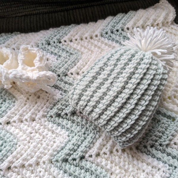 Baby blue and white hand crochet afghan, hat, booties.. 38"X33" Chevron stitch...softest blue