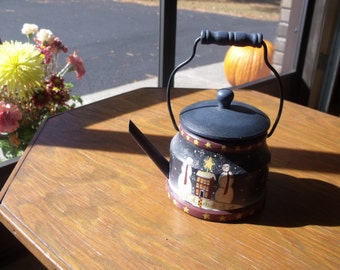 wood teapot..hand painted  winter scene 4" hX 6"W W
