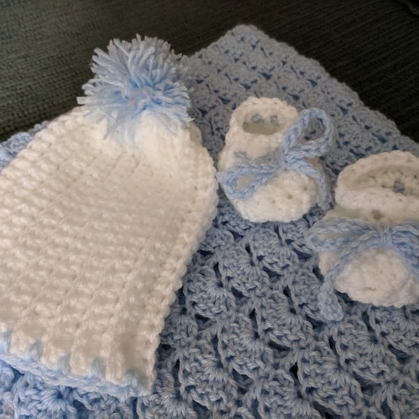 Baby Blue and white afghan hat booties crocheted  by me..38X37 shell stitch 29.99
