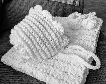 White Christening afghan hat booties.shell stitch..generous size.