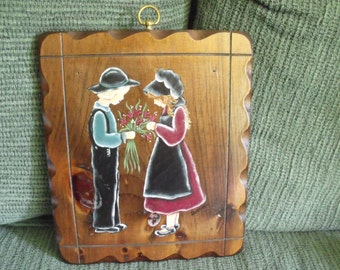 Amish painted plaque on vintage wood.