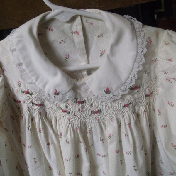 White baby dress hand smocked with embroidered roses.s-18mos tiny roses on white cotton