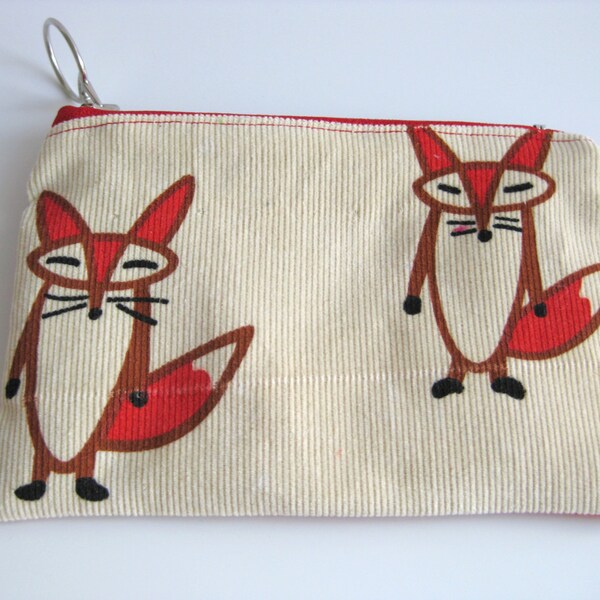 Vintage Corduroy Fox cotton fabric pouch // Pencil case // Fabric pouch // Zipper pouch // Christmas // Stocking stuffer // Gift