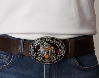 Cinturón de piel de vaca labrada a mano con hebilla de jefe nativo americano, estilo motero occidental