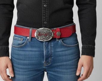 Cinturón de piel burdeos hecho a mano: hebilla vintage THE DOORS, talla personalizada