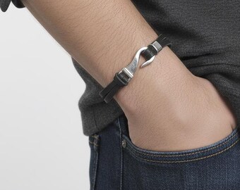 Pulsera de cuero negro hecha a mano: gancho náutico de acero inoxidable, tamaño personalizado