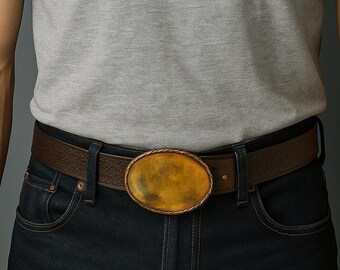 Cinturón de cuero marrón para hombre hecho a mano - Hebilla ovalada vintage de latón