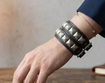 Handmade Leather Studded Bracelet  with Adjustable Buckle -  Men's Black Punk Wristband - Silver Pyramid Studs - Gothic Biker Gift