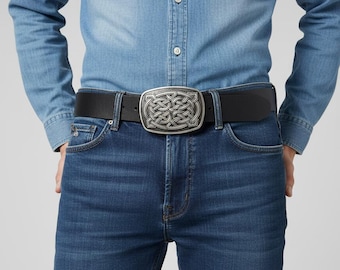Cinturón de cuero negro con hebilla de nudo celta para hombre y mujer - Cinturón estilo vikingo nórdico - Cinturón con hebilla de metal grande - Regalo unisex para él