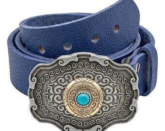 Handmade Blue Leather Belt – Large Turquoise Stone Buckle, Floral Embossed Waist Belt