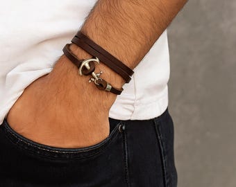 Mens Leather Anchor Bracelet: Sterling Silver Nautical Triple Wrap