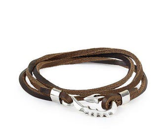 Hand Woven Leather Wrap Bracelet - Sterling Silver Fish Hook Clasp