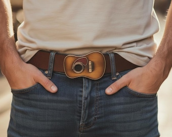 Hebilla de cinturón de guitarra acústica con cinturón de cuero marrón - Regalo para músicos - Accesorio para amantes de la música - Cinturón de guitarrista de estilo vintage