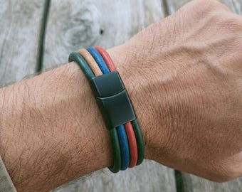 Leather Bracelet Men - Multi Strand Boho Wristband - Blue Red Tan Green - Magnetic Clasp Bracelet