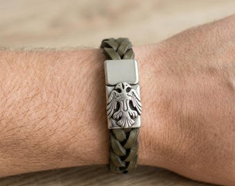 Double Headed Eagle Mens Khaki Braided Leather Bracelet with Stainless Steel Magnetic Clasp