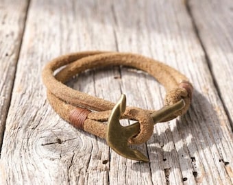Men's Tan Leather Bracelet: Handmade Double Wrap Cuff with Brass Hook