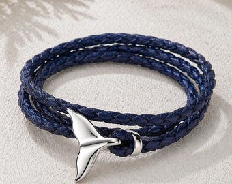 Blue Braided Leather Whale Tail Bracelet – Nautical Charm Jewelry