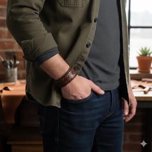 May include: A brown leather cuff bracelet with a snakeskin pattern. The bracelet is worn on a person's wrist. The cuff is approximately 2 inches wide. The person is wearing a green shirt and blue jeans.