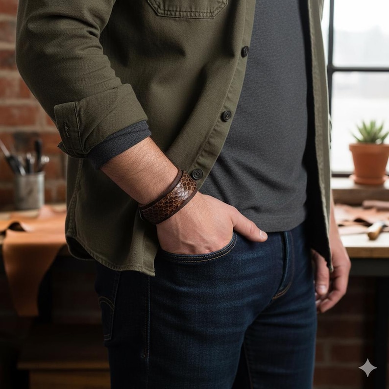 May include: A brown leather cuff bracelet with a snakeskin pattern. The bracelet is worn on a person's wrist. The cuff is approximately 2 inches wide. The person is wearing a green shirt and blue jeans.