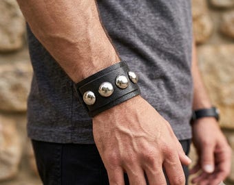 Black Leather Dome Studded Wristband – Punk Rock Wide Cuff Bracelet (Adjustable)