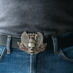 Handmade Black Leather Biker Belt: Rebel Rider Skull Buckle