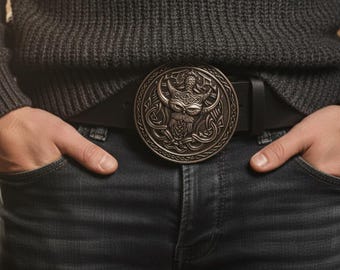 Cinturón de cuero negro personalizado con hebilla de mitología nórdica - Cinturón de hombre hecho a mano