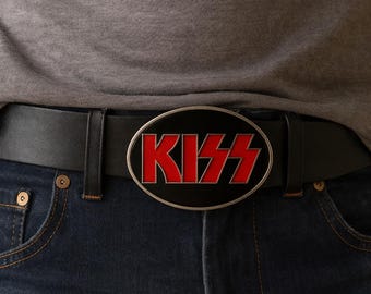 Cinturón de cuero de la banda de rock KISS - Regalo para fanáticos de la música de estilo vintage - Cinturón de cuero negro genuino hecho a mano con hebilla de metal
