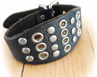 Black Leather Cuff Bracelet with Silver Studs and Grommets – Punk Rock Wide Wristband