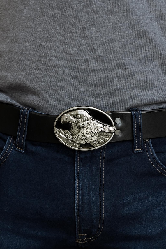 Handmade Black Leather Belt: Eagle Buckle, Western Biker  display picture 3