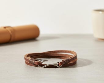 Pulsera de cuero genuino marrón y plata 925 - Cierre de gancho vintage para hombre, hecha a mano, talla personalizada