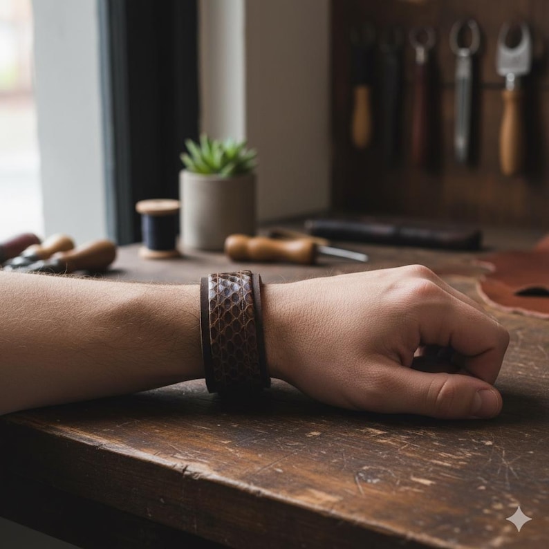 May include: A brown leather cuff bracelet with a textured, patterned design. The bracelet is worn on a wrist, showcasing the craftsmanship and detail of the accessory. The cuff is approximately 1.5 inches wide.