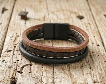 Personalized Leather Bracelet Men - Braided Wristband Coffee Natural - Multi Strand Rustic Bracelet -Magnetic Clasp - Boyfriend Gift