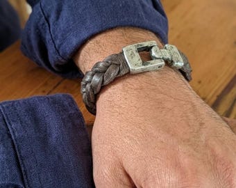 Men's Chunky Braided Leather Bracelet – Dark Brown Rustic Wristband, Antique Clasp