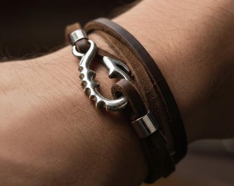 Hand Woven Leather Wrap Bracelet - Sterling Silver Fish Hook Clasp