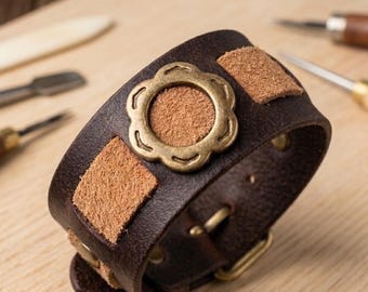 Handcrafted Raw Leather Cuff Bracelet – Adjustable Boho Suede Floral Brass Detail