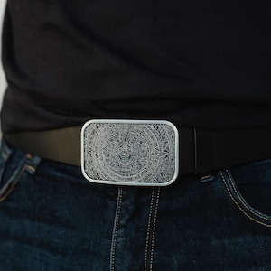 Handcrafted Black Leather Belt: Aztec Sun Stone Buckle, Tribal Western Style