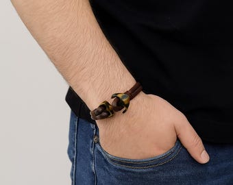 Handmade Brown Leather Anchor Bracelet: Nautical Custom Bracelet for Men