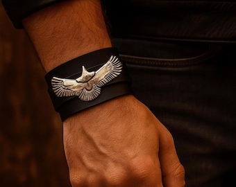 Handmade Wide Black Leather Cuff Bracelet with Antique Silver Eagle - Men's Leather Wristband - Viking Style Winged Bird Jewelry