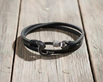 Pulsera de cordón de cuero con cierre de gancho – Joyería náutica para hombre