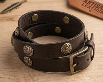 Dark Brown Distressed Leather Double Wrap Bracelet – Brass Metal Accents, Boho Cuff
