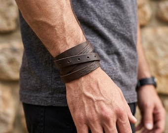 Wide Brown Leather Cuff Bracelet: Men's Wrapped Biker Bracelet