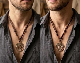 Double Sided Bronze Medallion Necklace, Hand-Knotted Leather Cord, Reversible Runic Amulet, Handmade Artisan Jewelry