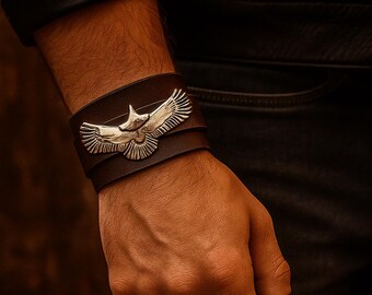 Handmade Brown Leather Eagle Bracelet - Men's Biker Style Wristband - Adjustable Animal Spirit Jewelry