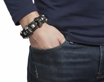 Pulsera de cuero negro con tachuelas para hombre - Pulsera de motociclista gótica punk rock
