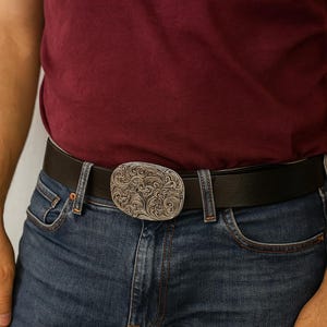 Black Leather Belt for Men – Western Style Belt with Ornate Silver Buckle – Handmade Cowboy Rodeo Belt – Tooled Floral Pattern - Unique Belt