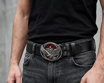 Men's Eagle Buckle Leather Belt – Dark Blue Enamel, Full Grain Black Leather, Viking Style